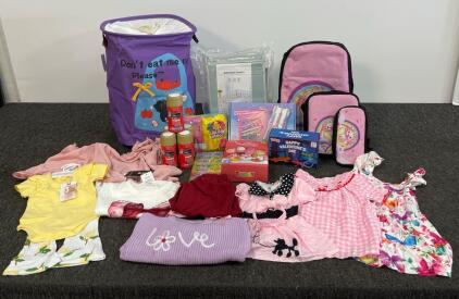 Large Mixed Lot: Children's Clothing, Toys, Snacks, Backpacks, Hamper, Baby Accessories