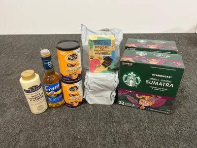 Starbucks Sumatra K-Cups, Oregon Chai Latte, Ghirardelli White Chocolate, Torani Hazelnut, Chocolates