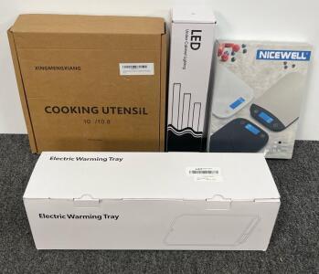 Nicewell Digital Kitchen Scale, 22lb/10kg Capacity, White, LCD Display, Tare, Glass Platform, warming mat, under cabinet light, and a stainless skillet