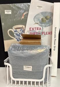 Home Decor & Accessories Lot: 2 Art Prints 11x15&rdquo;, Grey Bath Mat 24x17&rdquo;, Metal Sink Caddy Caddy, Retractable Power Strip
