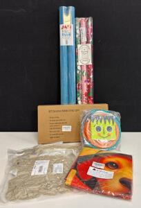 Mixed Party Supply Lot: 5 Gift Wrap Rolls, Beige Balloons, Banner, 9ct Bubble String Lights, Plates