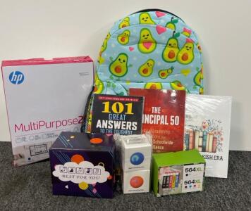 Office & School Supply Lot: HP Paper, Avocado Backpack, 2 Books, Ink, Socks, Dog Toy, Notebook