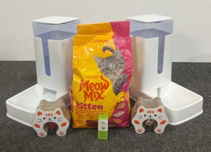 Cat Kitten Starter Bundle: Meow Mix Kitten Food, 2 Gravity Feeders, 2 Toys, Nirvana Catnip
