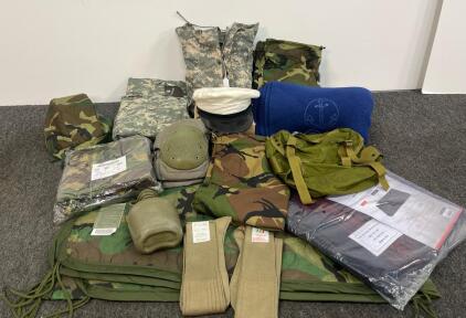 U.S. Military Surplus Gear Lot &ndash; Camo Clothing, Bags, Navy Blanket, Knee Pads, Canteen, Cap, 18+ pcs