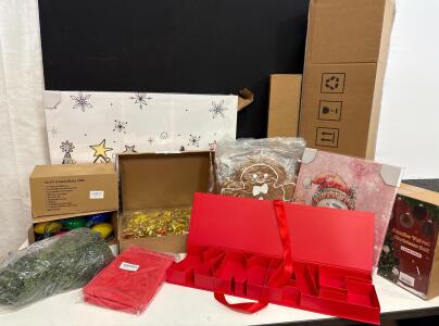 Christmas Decor Lot: 6.5ft Gold Prelit Tree, 3ft White Tree, Woonfond Ornaments, Storage, Wall Art