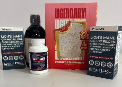 Mixed Lot: PrimeMD Lion's Mane Ginkgo, Collagen Marine, ERETURBO PRO, Legendary Foods Protein Pastry