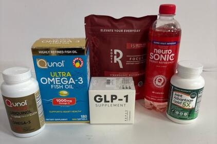 Lot of 6 Assorted Supplements & Beverage: Neuro Sonic, Roots R, GLP-1, Joint Gold 5X,Omega 3 250mg,Fish Oil Omega 3 Mini Softgels