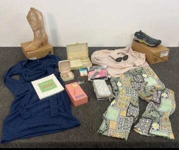 Women's Clothing & Accessories Lot: Tops M , Dress M , Pants M , Boots (Sz 8&ndash;9), Sandals (EU 45), Jewelry