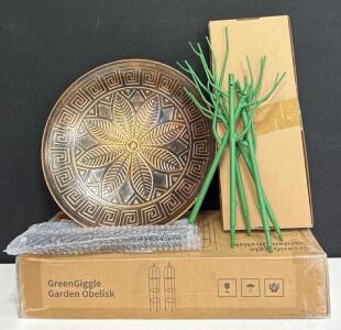 Outdoor Garden Lot: 14.5" Metal Birdbath, 6.2ft Trellis 2-Pack, 4 Plant Stakes, GreenGiggle/Xk Garden