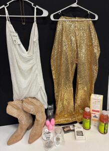 Women's Sequin Dress(S), Gold Sequin Pants(36), Cowboy Boots(8), Vitamin Water, Beauty & Accessory Set
