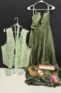 PROM SEASON LOT! Men&rsquo;s Large Green Vest with Tie, Cuff Links And Pocket Square And Womens Size 10 Green Evening Gown With Size 9.5 Gold Heels And Accessories