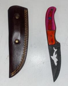 Custom Damascus Fixed Blade Knife, 8" Overall, Multicolor Wood Handle, Shark Cutout, Leather Sheath