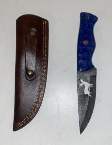 Custom Damascus Fixed-Blade Hunting Knife, 3.7" Blade, Blue Resin Handle, Leather Sheath
