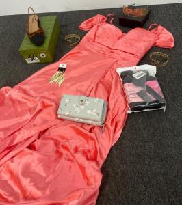 Coral Pink Satin Off-Shoulder Evening Dress size 8, Floor Length, Ruched Bodice, Spaghetti Straps