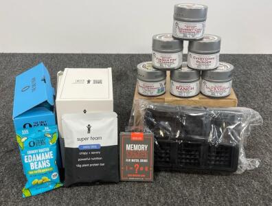 Mixed Snack & Kitchen Lot: Edamame 10-Pack, 6 Gourmet Seasonings, Protein Bar, Ice Mold, Card Game