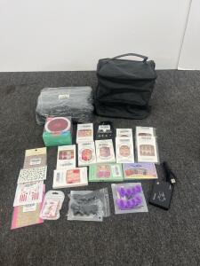 Nail Polish Organizer Bag, Black, Dual Zipper, Removable Divider, Medium, Easy Clean, lots of press on nails, fan, card reader