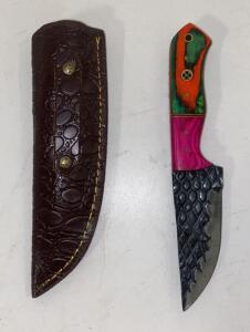 Custom 8" Fixed Blade Knife, Textured Drop Point Blade, Multicolor Resin Handle, Leather Sheath