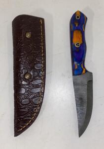 Damascus Fixed-Blade Knife, 8.25" Overall, Drop Point, Blue/Orange Wood Handle, Leather Sheath