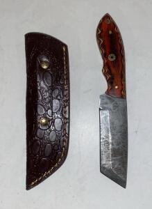 Handmade Fixed Blade Knife 8.25" Full Tang Wood Handle with Leather Sheath, Cleaver-Style
