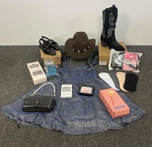 Women's Western Boots 7, S Blue Glitter Dress, Hat, Wallet, Flats, Accessories & More - 12pc Lot
