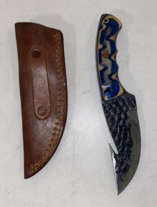 Custom 8" Hunting Skinner Knife with Gut Hook, Dyed Wood Handle, Mosaic Pin, Leather Sheath