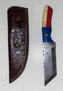 Damascus Tanto Fixed-Blade Knife, Texas Flag Handle, 8" w/ Leather Sheath