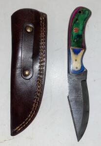 Fixed Blade Hunting Knife, 4.4" Damascus Steel, Laminated Wood Handle, Leather Sheath