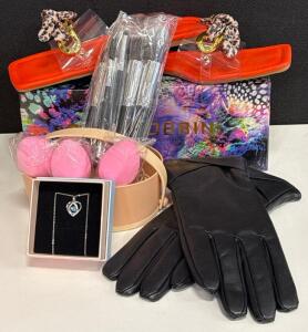 Women&rsquo;s Fashion & Beauty Bundle: Zutcogo 13pc Makeup Brush Set, Cape Robbin Slides Size 8, Heart Pendant with Blue Gem, Womens Size L Leather Gloves