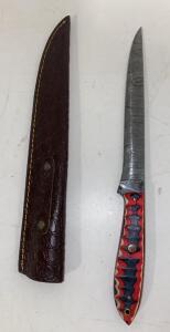 Custom Damascus Fixed Blade Knife 7.75" Blade, Full Tang, Mosaic Pins, Leather Sheath
