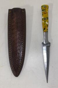 Damascus-Pattern Fixed Blade Dagger, 5.25" Blade, Multicolor Resin Handle, Leather Sheath