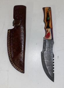Custom Damascus Fixed Blade Knife, 4.5" Blade, Multicolor Handle, Leather Sheath