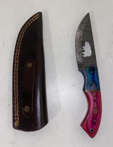 Damascus Fixed-Blade Hunting Knife, Drop Point, Bison Cutout, Dyed Wood Handle, Leather Sheath