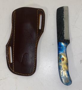 Custom Forged Nakiri Knife, 4.5" Blade, Blue/Gold Resin Handle, Leather Sheath, Mosaic Pin