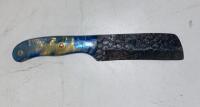 Custom Forged Nakiri Knife, 4.5" Blade, Blue/Gold Resin Handle, Leather Sheath, Mosaic Pin - 2