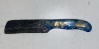 Custom Forged Nakiri Knife, 4.5" Blade, Blue/Gold Resin Handle, Leather Sheath, Mosaic Pin - 3