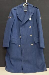 US Air Force Blue Overcoat 37R w/ Airman Rank Chevrons, Double Breasted, H-3575, Wool Blend