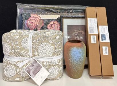 Levtex Adare Taupe Quilt Set, YQWDMX 100x73in Forest Murals, Framed Floral Art, Vase Lot