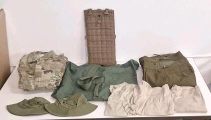 (1) Duffel Bag, (1) Hydration Carrier, (2) Hot Weather Hats & Assorted Pieces Of Military Surplus Clothing, Size Large