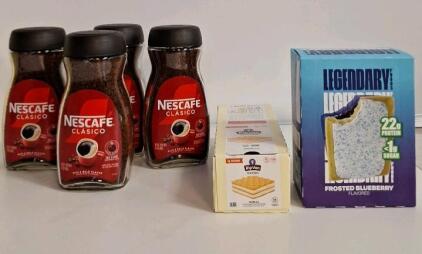 (4) 10.5-Oz Jars Of Nescafe Classic Instant Coffee, (1) 16-Piece Box Of Rip Van Vanilla Wafers & (1) 8-Piece Box Of Legendary Foods 22g Protein Bars, Frosted Blueberry
