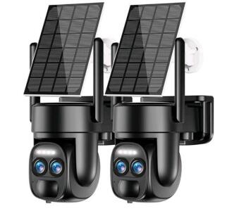 (1) 2-Pack Of UNITER 4K Solar Security Cameras, Wireless Outdoor, 8MP 2.4GHz WiFi PTZ Camera - Battery Powered, 360&deg;View - Home Security Systems W/ Color Night Vision,Spotlight Siren,PIR Sensor, Black