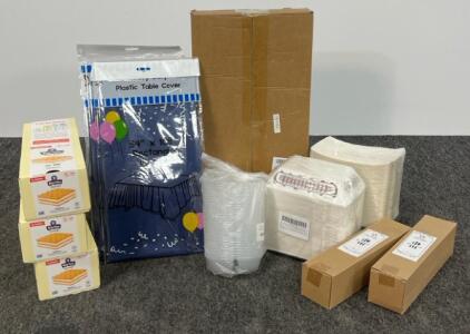 Party Supplies Bundle: Plates, Cups, Evershine Table Covers, Cutlery, Balloon Kit, Rip Van Wafers