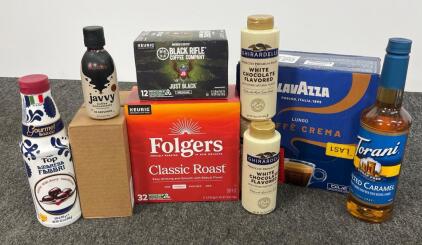 Mixed Lot Coffee Pods, Syrups & Sauces: Folgers, Lavazza, Torani, Ghirardelli, Fabbri, Black Rifle