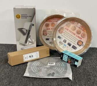 Kitchen and Home Accessory Lot: 30pc Flatware, Air Fryer Liners, Slicer, Test Strips, Tray