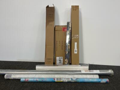 Window blinds, window film, single wooden shelf, clear floor protector