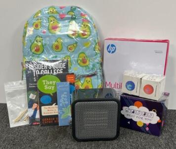 Office & School Supply Lot: HP Paper, Avocado Backpack, 2 Books, Ink, Socks, Dog Toy, Notebook