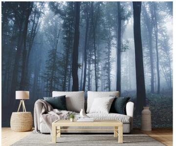 Fabric Forest Wall Mural, 100"x73" (255x185cm), 5 Sections, Misty Woods, Paste Required, Model O8S, Black Farmhouse kitchen island Light Fixture, 6 light, black