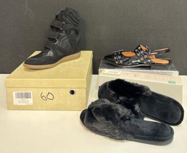 Women's Sneaker Wedges Size 9.5, CozyFurry Fur Slippers Size 9-10, Patent Slingback Flats Size 9-10, All Black, New in Boxes