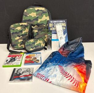 Mixed Lot 9 Items: Camo Backpack Set, Titanium Smart Watch Band, RV Campsites In The US Book, Hooded Baseball Sweatshirt XL, Media