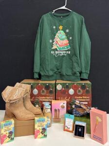 Holiday Gift Lot: Christmas Sweatshirt size M, Woonfond 6&rdquo; Ornaments (2) Sets of 4, Boots size 6, Heels size 6, Starbucks, Makeup, Jewelry