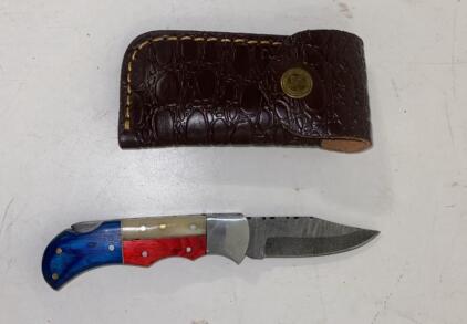 Folding Damascus-Style Pocket Knife, Multicolor Handle, Drop Point, 7.5" w/ Leather Sheath